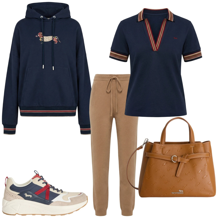 Outfit donna - Total look #2353349. Stile Casual chic per Tutti i giorni. Abbinamento con felpe con cappuccio, borse a mano, polo, pantaloni, sneakers.