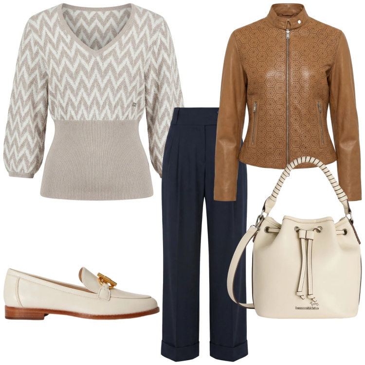 Outfit donna - Total look #2353351. Stile Chic per Ufficio. Abbinamento con maglieria, giacche, borse a secchiello, pantaloni, mocassini.