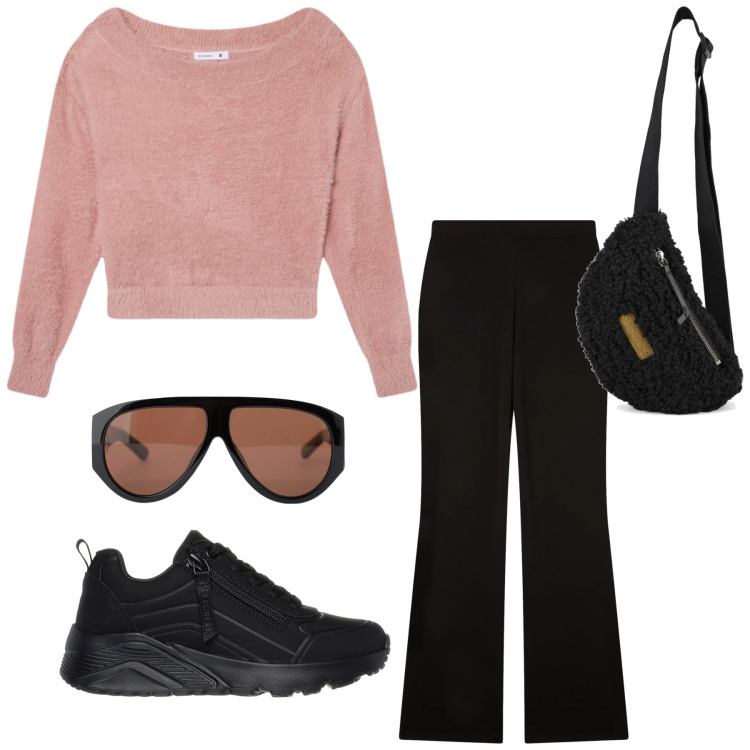 Outfit donna - Total look #2353353. Stile Sporty chic per Scuola/Università. Abbinamento con maglieria, pantaloni, occhiali da sole, marsupi, sneakers.