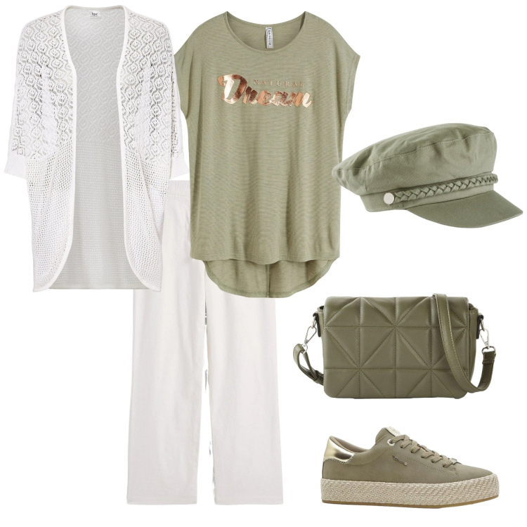 Outfit donna - Total look #2353354. Stile Casual chic per Tutti i giorni. Abbinamento con maglieria, sneakers, cardigans, pantaloni a palazzo, cappelli, borse a tracolla.