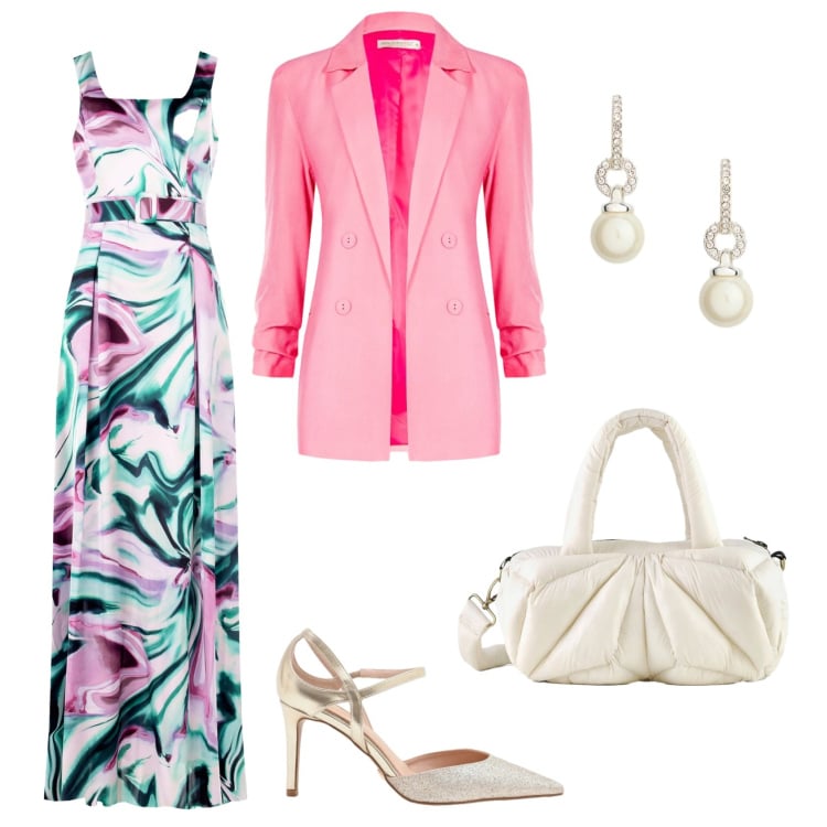 Outfit donna - Total look #2353357. Stile Chic per Cerimonia. Abbinamento con décolleté, blazer, vestiti lunghi, borse a mano, orecchini.