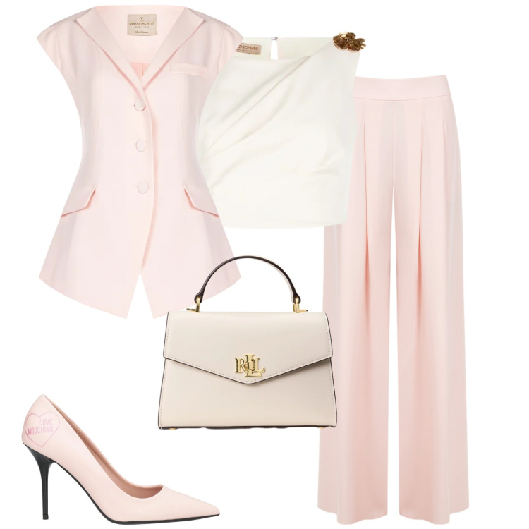 Outfit donna - Cerimonia. Stile Chic per Cerimonia. Abbinamento con décolleté, pantaloni a palazzo, gilet, top, borse a mano.