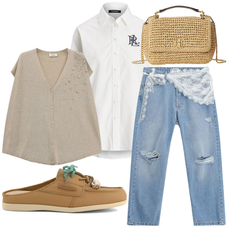 Outfit donna - Total look #2353361. Stile Casual chic per Tutti i giorni. Abbinamento con gilet, jeans strappati, camicie, borse a spalla, sabot.