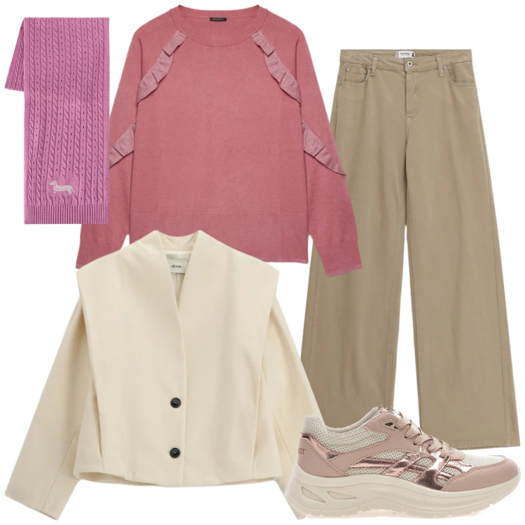Outfit donna - Rosa pastello. Stile Casual per Tutti i giorni. Abbinamento con sciarpe, maglieria, blazer, pantaloni, sneakers.
