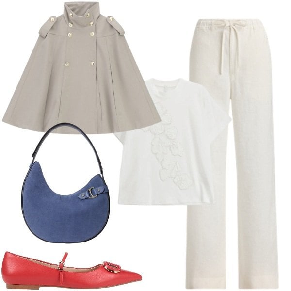 Outfit donna - mantellina regimental. Stile Urban per Tutti i giorni. Abbinamento con ballerine, t-shirt, cappotti, borse a spalla, pantaloni.