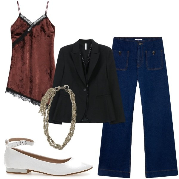 Outfit donna - Ballerine, slip dress e jeans. Stile Glamour per Serata fuori. Abbinamento con jeans, blazer, vestiti asimmetrici, collane, ballerine.