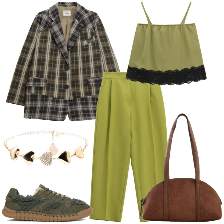 Outfit donna - Total look #2353378. Stile Casual chic per Tutti i giorni. Abbinamento con borse a tracolla, pantaloni, top, blazer, braccialetti, sneakers.