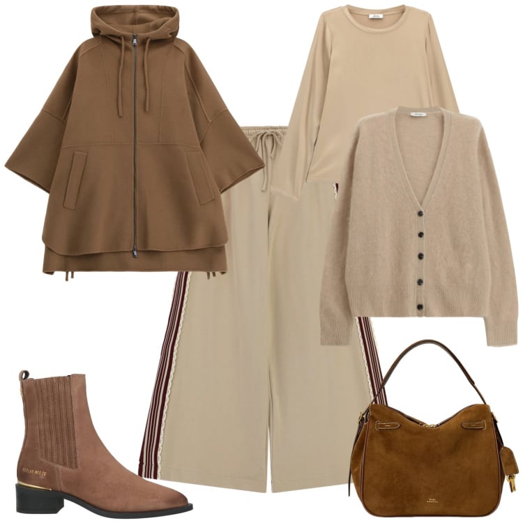 Outfit donna - Casual chic ufficio tempo libero. Stile Casual chic per Tutti i giorni. Abbinamento con stivaletti chelsea, borse a mano, t-shirt, pantaloni a palazzo, cappotti, cardigans.