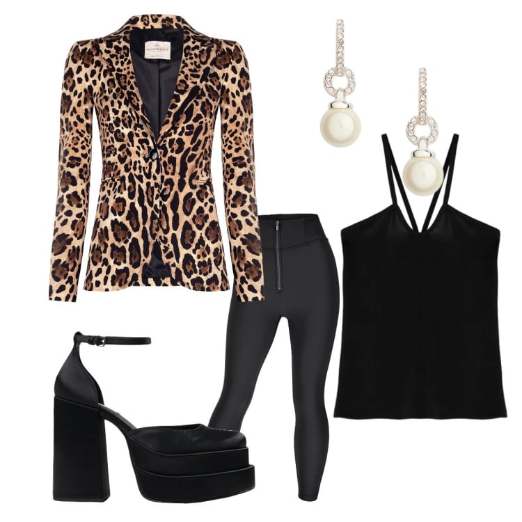 Outfit donna - Blazer protagonista. Stile Trendy per Serata fuori. Abbinamento con décolleté, canottiere, pantaloni skinny, blazer, orecchini.