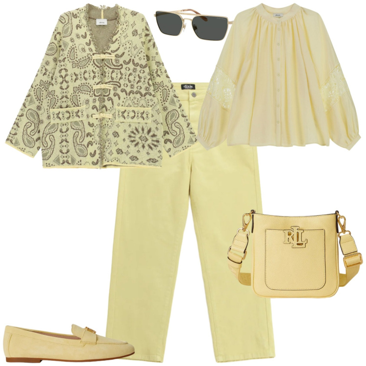 Outfit donna - Trendy ufficio week end. Stile Trendy per Tutti i giorni. Abbinamento con cardigans, jeans dritti, camicie, borse a tracolla, occhiali da sole, mocassini.