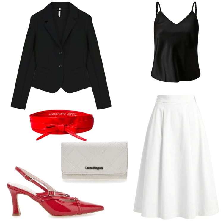 Outfit donna - Total look #2353389. Stile Vintage retrò per Cerimonia. Abbinamento con gonne longuette, blazer, top, cinture, portafogli, décolleté.