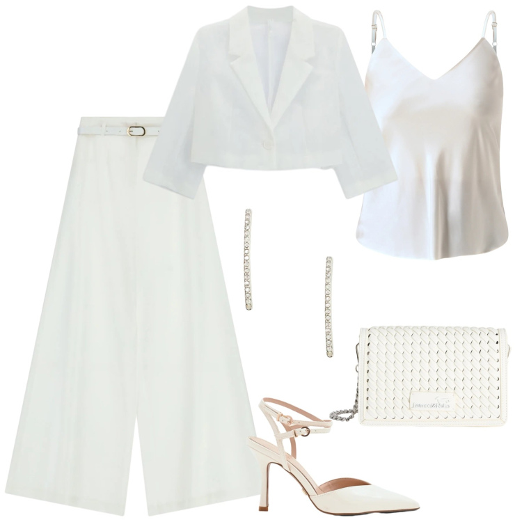 Outfit donna - Total look #2353393. Stile Chic per Cerimonia. Abbinamento con borse a tracolla, pantaloni a palazzo, blazer, top, décolleté, orecchini.