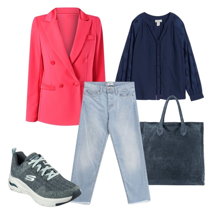 Outfit donna - Marzo in denim. Stile Sporty chic per Tutti i giorni. Abbinamento con tuniche, jeans, blazer, sneakers, borse a mano.