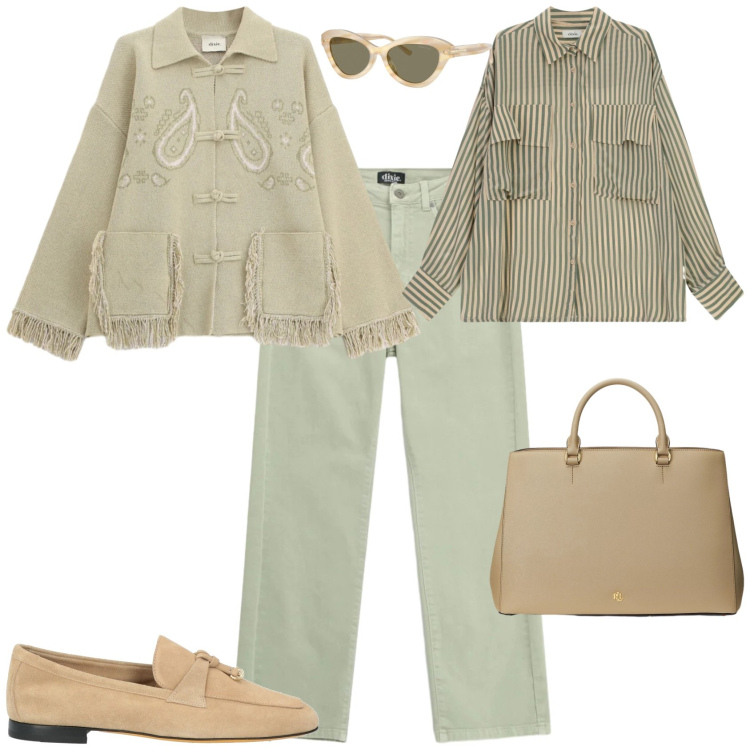 Outfit donna - Trendy ufficio tempo libero. Stile Trendy per Tutti i giorni. Abbinamento con mocassini, cardigans, camicie, jeans dritti, occhiali da sole, borse a mano.