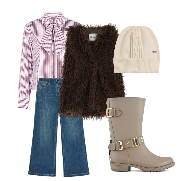 Outfit donna - Denim di mezza stagione. Stile Trendy per Tutti i giorni. Abbinamento con jeans dritti, gilet, berretti, camicie, stivali.