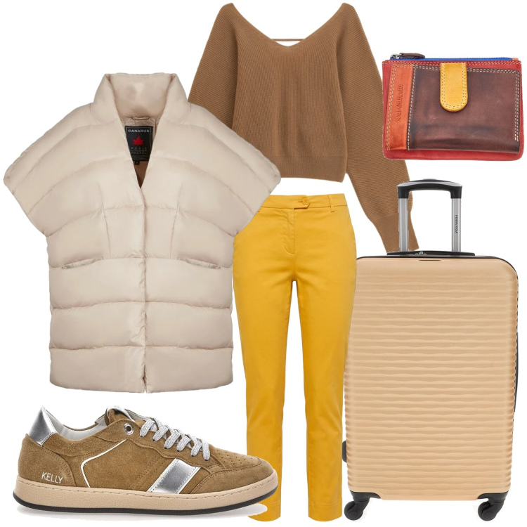 Outfit donna - Partenze del weekend. Stile Urban per Tutti i giorni. Abbinamento con pantaloni, maglieria, piumini, portafogli, valigie, sneakers.