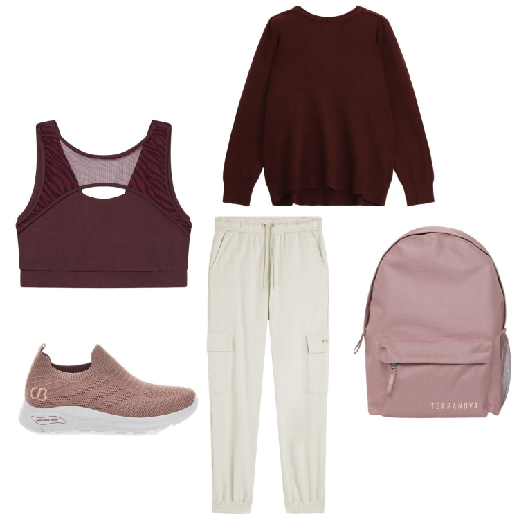 Outfit donna - Sport all\'aria aperta. Stile Sporty chic per Sport. Abbinamento con zaini, top sportivi, pullovers, pantaloni cargo, sneakers.