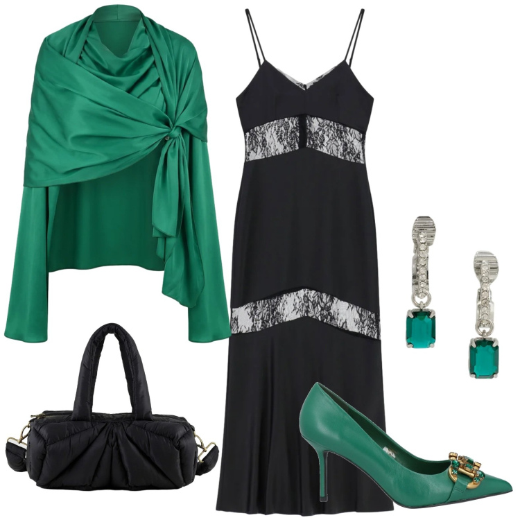 Outfit donna - Décolleté verde smeraldo. Stile Casual per Tutti i giorni. Abbinamento con décolleté, vestiti lunghi, stole, borse a mano, orecchini.