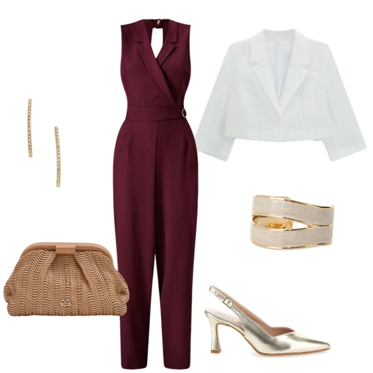 Outfit donna - Cresima mamma. Stile Romantica per Cerimonia. Abbinamento con blazer, anelli, pochette, tute, orecchini, décolleté.