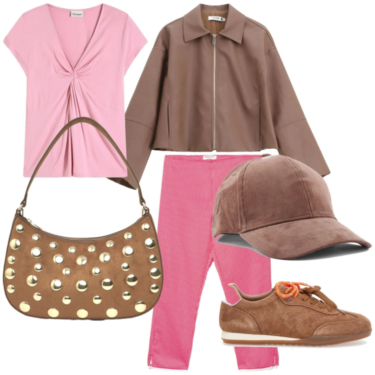 Outfit donna - Pochette con applicazioni. Stile Minimal per Tutti i giorni. Abbinamento con maglieria, borse a tracolla, pantaloni capri, blazer, sneakers, cappelli con visiera.