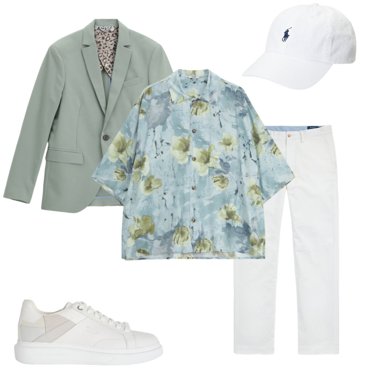 Outfit uomo - Riviera Modernist. Stile Urban per Tutti i giorni. Abbinamento con sneakers, giacche, camicie a manica corta, pantaloni, cappelli.