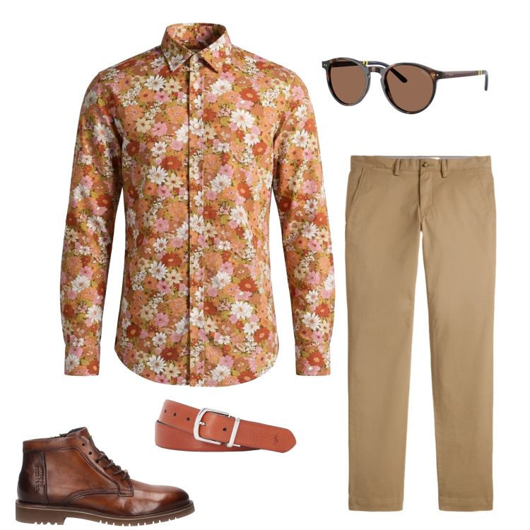 Outfit uomo - Calore e Stile Retrò. Stile Trendy per Tutti i giorni. Abbinamento con camicie, cinture, occhiali da sole, pantaloni chino, stivali e stivaletti.