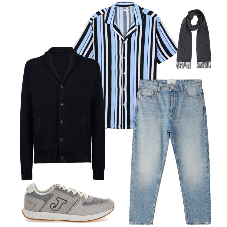 Outfit uomo - Urban Transition. Stile Casual per Tutti i giorni. Abbinamento con camicie a manica corta, jeans dritti, cardigans, sciarpe, sneakers.