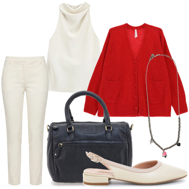 Outfit donna - Top bianco latte. Stile Casual per Tutti i giorni. Abbinamento con pantaloni, cardigans, top, ciondoli, borse a tracolla, ballerine.