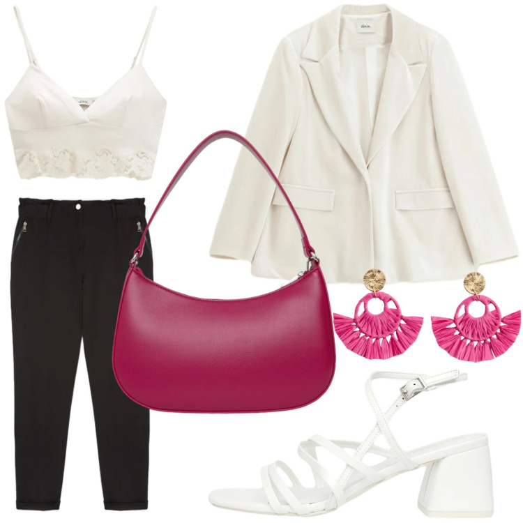 Outfit donna - Il top delicato. Stile Urban per Tutti i giorni. Abbinamento con orecchini, borse a tracolla, sandali col tacco, pantaloni, top, blazer.