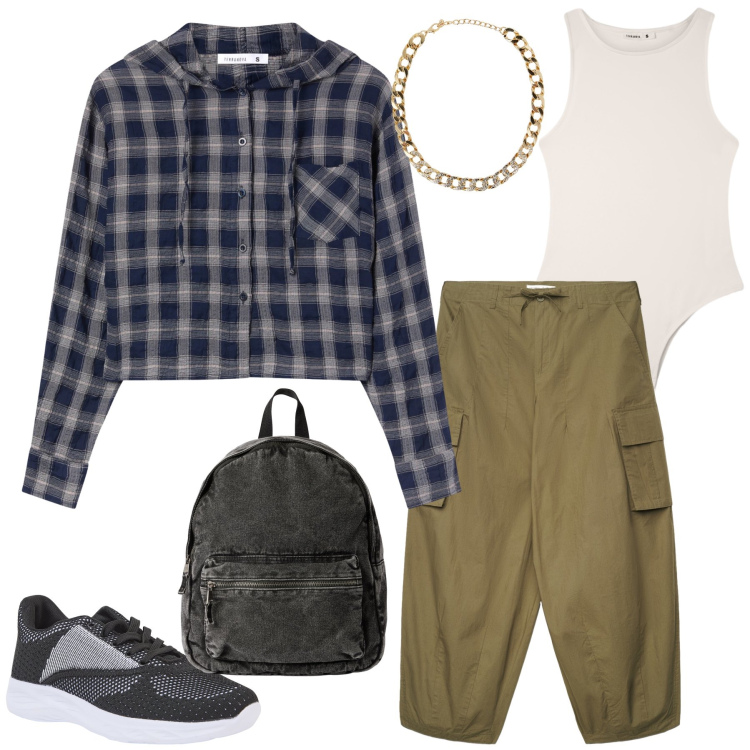 Outfit donna - Utility Nomad Soul. Stile Casual chic per Tutti i giorni. Abbinamento con sneakers, collane, zaini, body, camicie, pantaloni cargo.