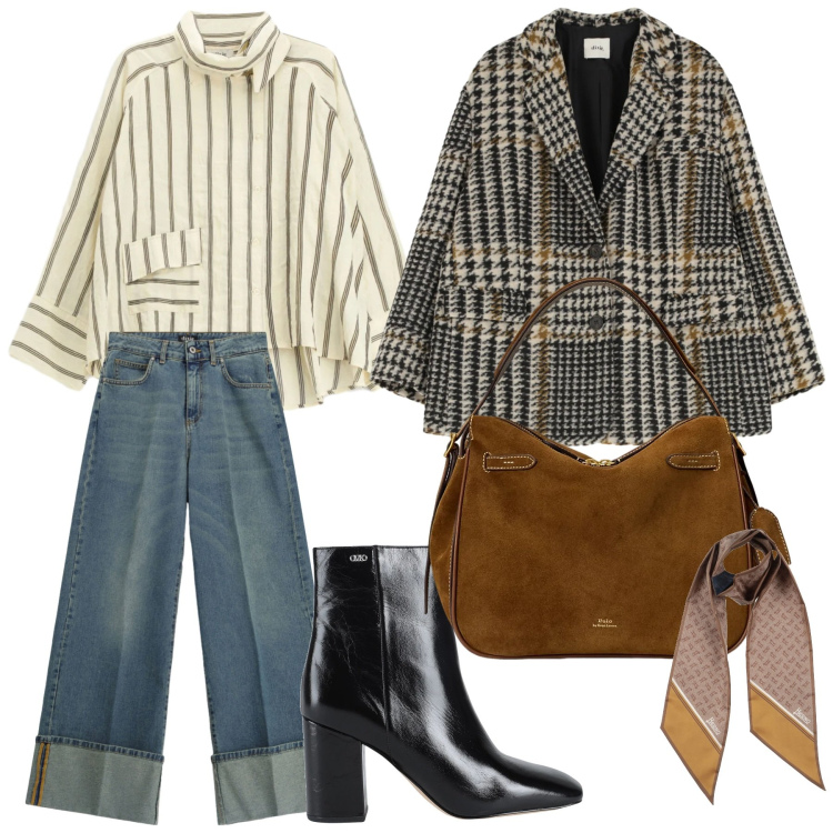 Outfit donna - Look. Stile Casual per Tutti i giorni. Abbinamento con sciarpe, stivaletti, blazer, jeans, camicie, borse a mano.