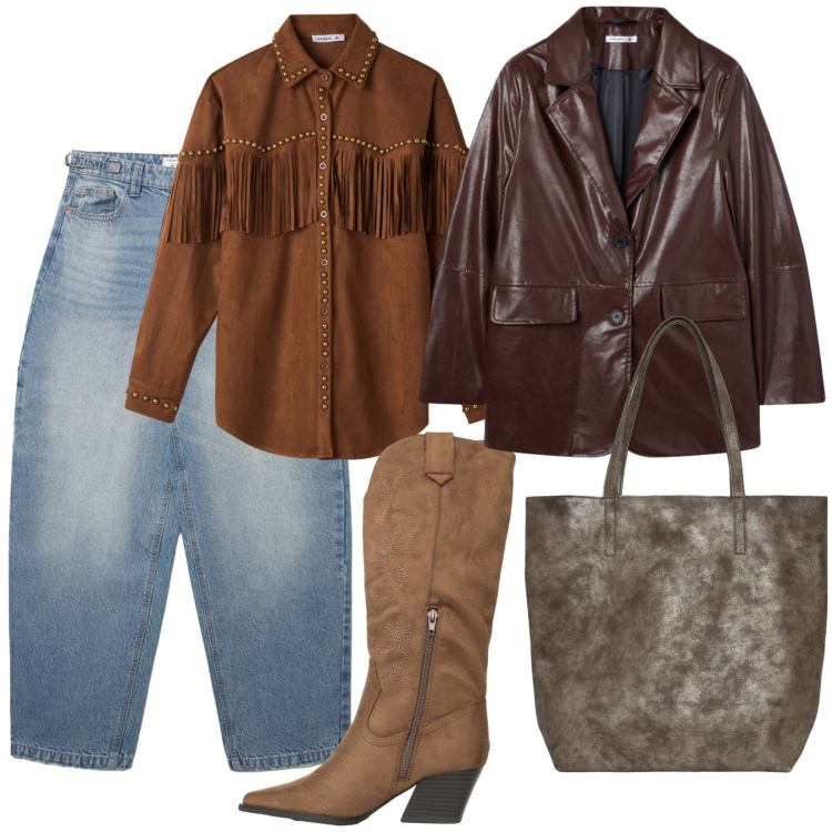 Outfit donna - Terranova. per Serata fuori. Abbinamento con jeans, camicie, shopping bag, stivali, blazer.