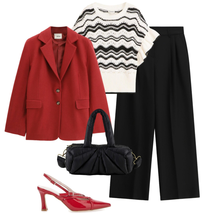 Outfit donna - Primavera che valorizza - curvy style. Stile Casual chic per Tutti i giorni. Abbinamento con t-shirt, pantaloni a palazzo, blazer, borse a mano, décolleté.
