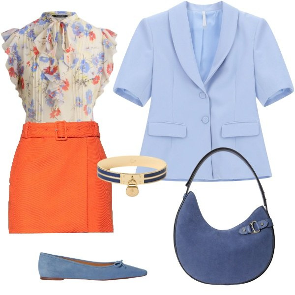 Outfit donna - Total look #2353463. Stile Casual chic per Serata fuori. Abbinamento con minigonne, blazer, camicie, borse a spalla, braccialetti con ciondoli, ballerine.