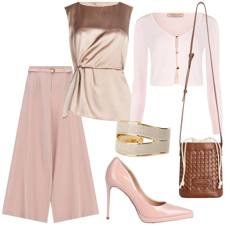 Outfit donna - Total look #2353465. Stile Chic per Ufficio. Abbinamento con décolleté, borse a secchiello, pantaloni a palazzo, anelli, bluse, cardigans.