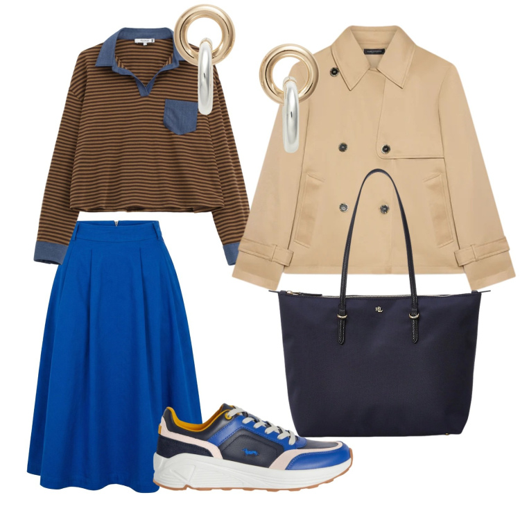 Outfit donna - Azzurro. per Tutti i giorni. Abbinamento con sneakers, gonne longuette, trench, t-shirt, borse tote, orecchini.