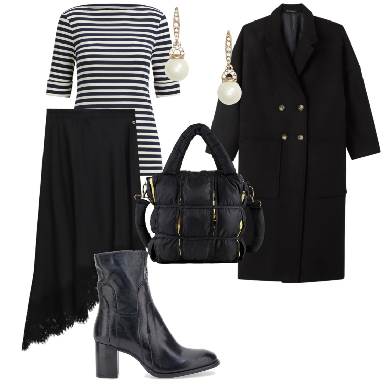 Outfit donna - Una giornata tra amiche. per Serata fuori. Abbinamento con cappotti, gonne longuette, borse a mano, orecchini, t-shirt, stivaletti.