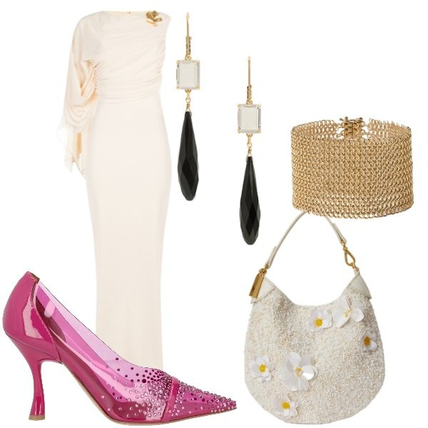 Outfit donna - un look da Oscar. Stile Chic per Cerimonia. Abbinamento con décolleté, vestiti lunghi, pochette, orecchini, braccialetti.