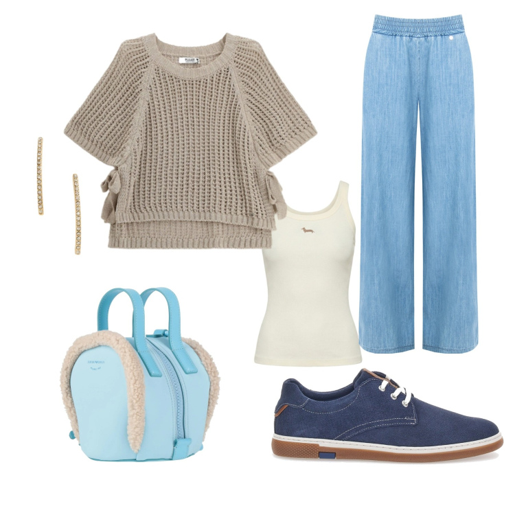 Outfit donna - Total look #2353475. Stile Casual per Tutti i giorni. Abbinamento con zaini, canottiere, top, jeans dritti, orecchini, scarpe stringate.