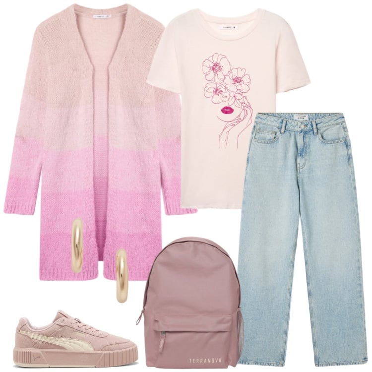 Outfit donna - Total look #2353476. Stile Casual per Tutti i giorni. Abbinamento con jeans, zaini, t-shirt, cardigans, orecchini, sneakers.