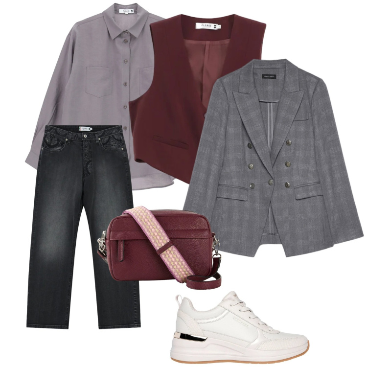 Outfit donna - Gilè e giacca. per Ufficio. Abbinamento con borse a tracolla, blazer, gilet, camicie, jeans dritti, sneakers.