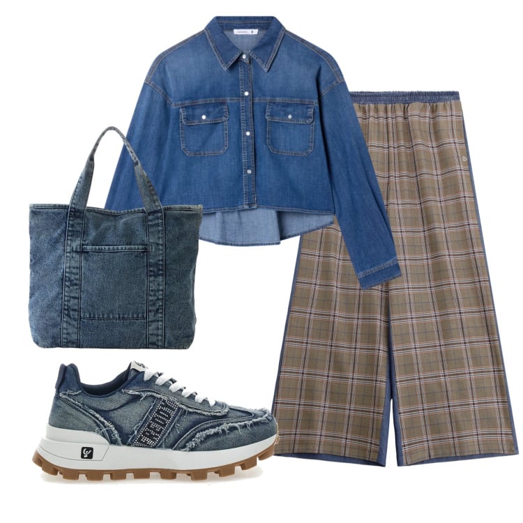 Outfit donna - Total look #2353478. Stile Trendy per Scuola/Università. Abbinamento con shopping bag, camicie, pantaloni a palazzo, sneakers.