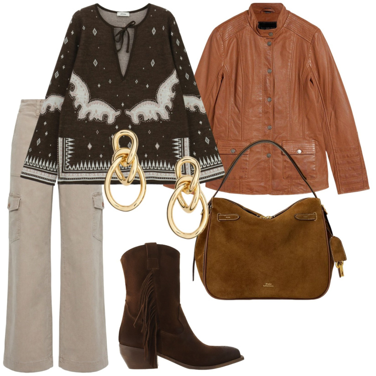 Outfit donna - Usciamo. per Tutti i giorni. Abbinamento con blazer, pantaloni cargo, maglieria, stivali, orecchini, borse a mano.