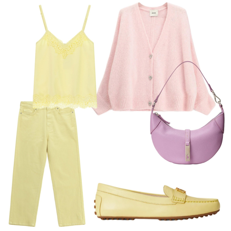 Outfit donna - Look primavera. Stile Casual per Tutti i giorni. Abbinamento con cardigans, jeans dritti, top, mocassini, borse a spalla.