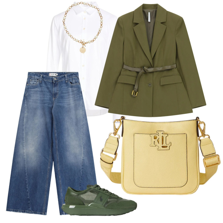 Outfit donna - Elegante e sportiva. per Ufficio. Abbinamento con camicie, blazer, jeans, collane, sneakers, borse a tracolla.