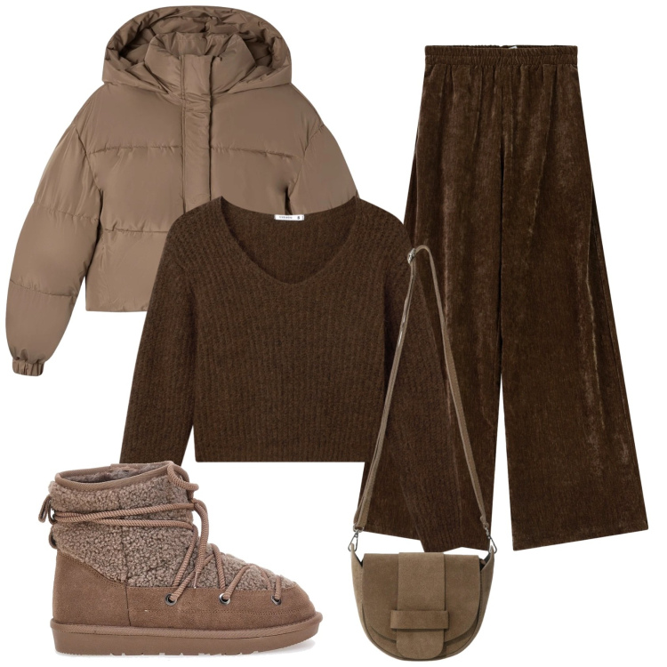 Outfit donna - Total look #2353483. Stile Trendy per Tutti i giorni. Abbinamento con bomber, maglieria, pantaloni, borse a tracolla, stivali da neve.