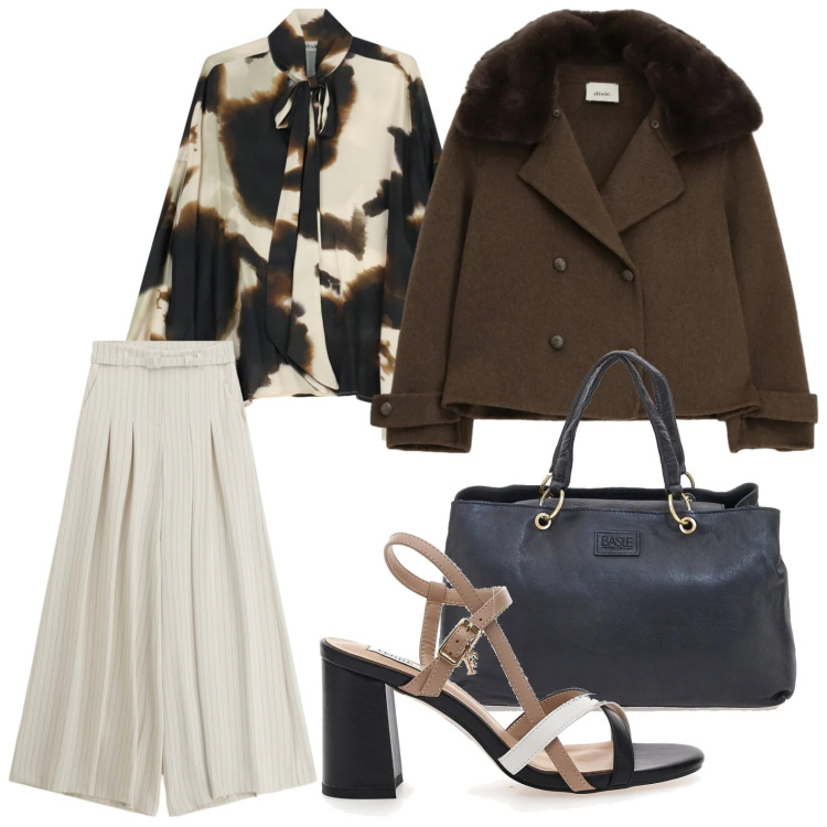 Outfit donna - La camicia col fiocco. Stile Casual chic per Ufficio. Abbinamento con pantaloni a palazzo, blazer, bluse, sandali col tacco, borse a mano.