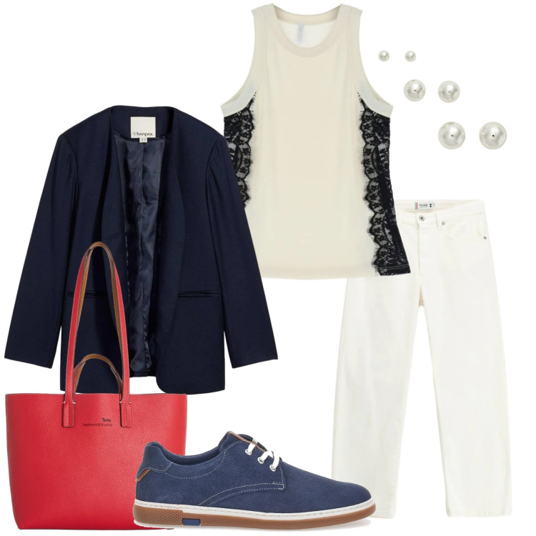 Outfit donna - Inserti in pizzo. Stile Minimal per Tutti i giorni. Abbinamento con blazer, shopping bag, top, pantaloni, orecchini, scarpe stringate.