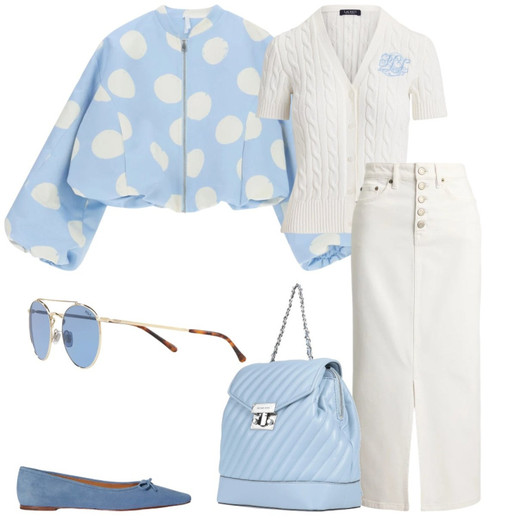 Outfit donna - Total look #2353495. Stile Casual chic per Tutti i giorni. Abbinamento con zaini, bomber, gonne, cardigans, ballerine, occhiali da sole.