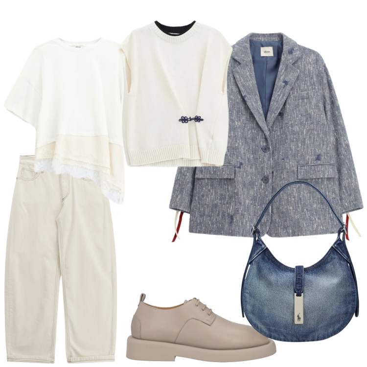 Outfit donna - Look. Stile Casual per Tutti i giorni. Abbinamento con scarpe stringate, t-shirt, top, pantaloni, blazer, borse a spalla.